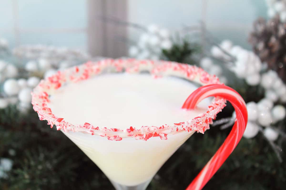 Closeup of peppermint martini with crushed candy cane rim.