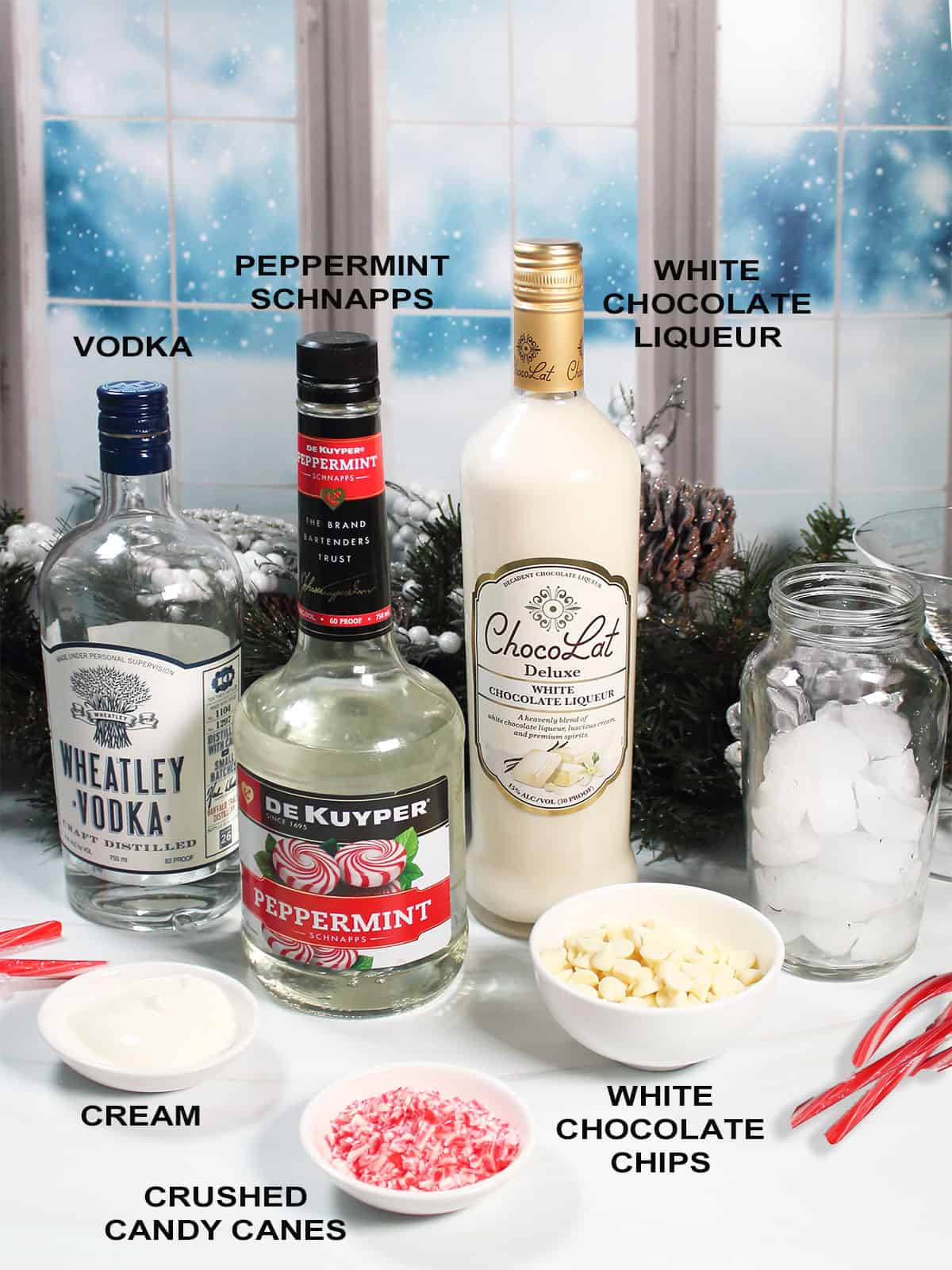 Ingredients for Candy Cane Martini recipe.