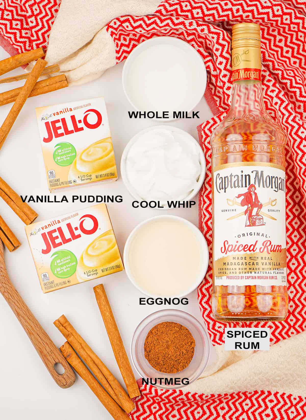 Ingredients for eggnog pudding shots recipe.