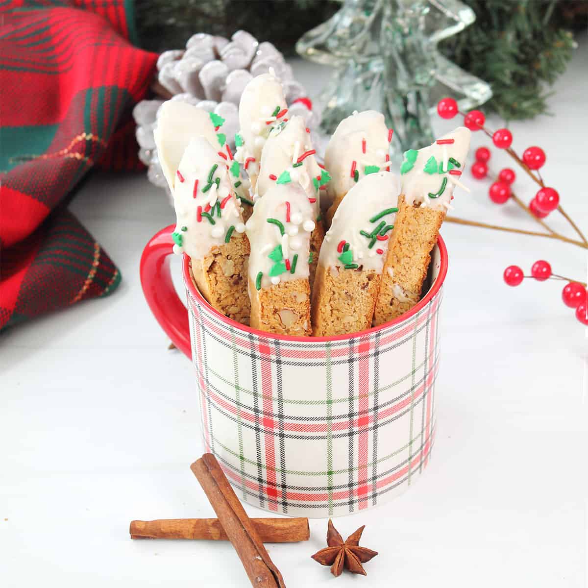 Gingerbread Biscotti standing in plaid mug.