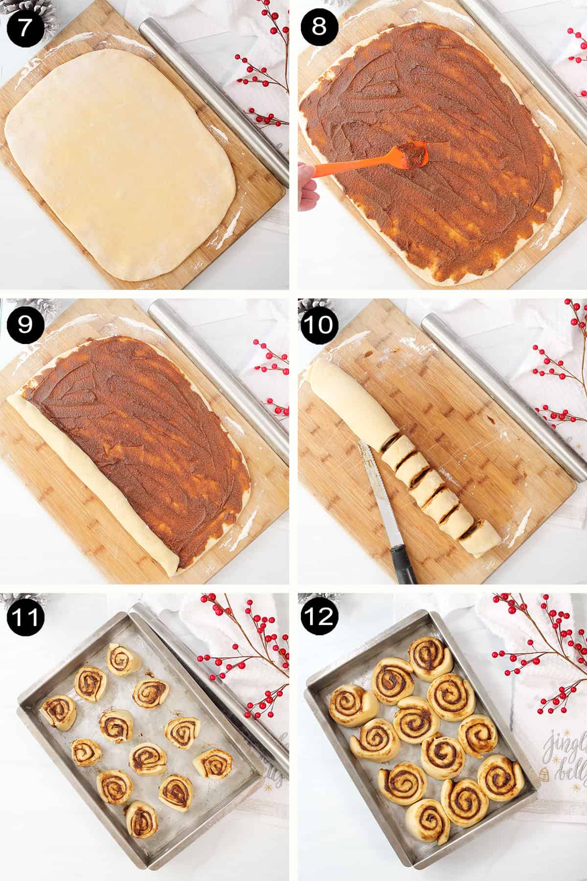 Assembling Gingerbread Cinnamon Rolls.