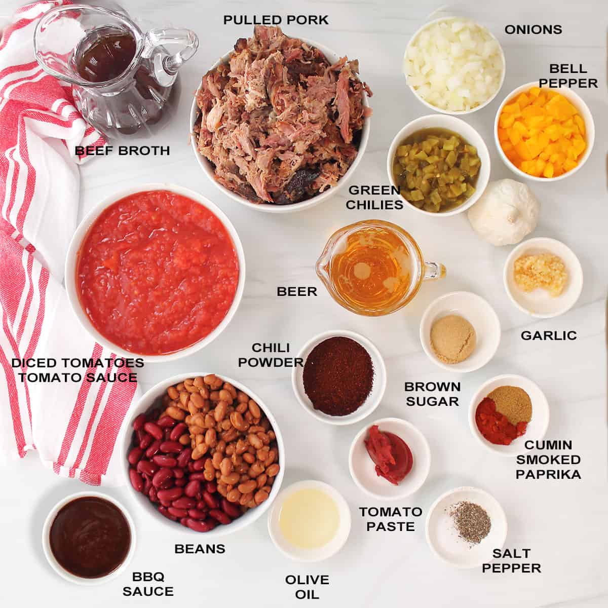 Ingredients for pulled pork chili recipe.