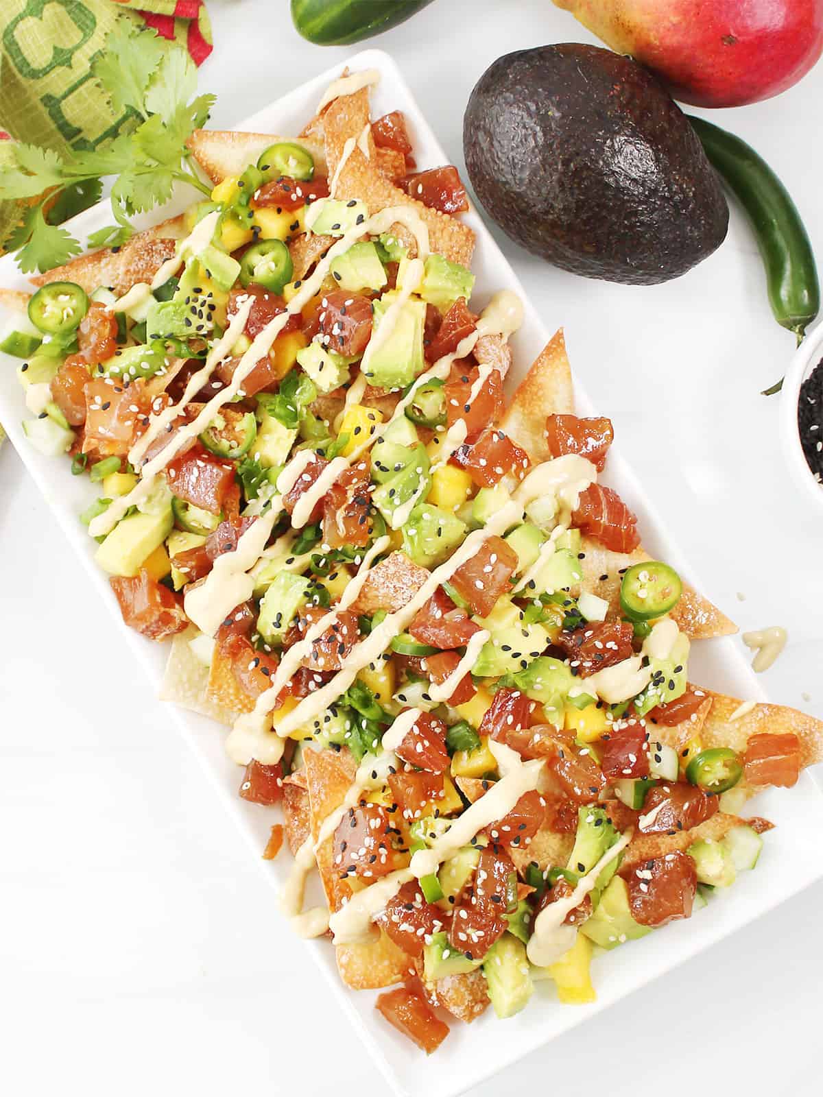 Plated Ahi Tuna Nachos with wasabi mayo.