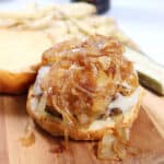 Corned Beef Burger with Guinness caramelized onions on roll.