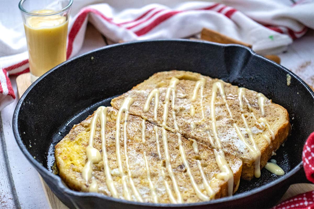 Finished Eggnog French Toast in skillet.
