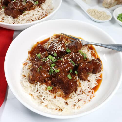 Serving of Instant Pot Korean Beef with sesame seeds and green onions.
