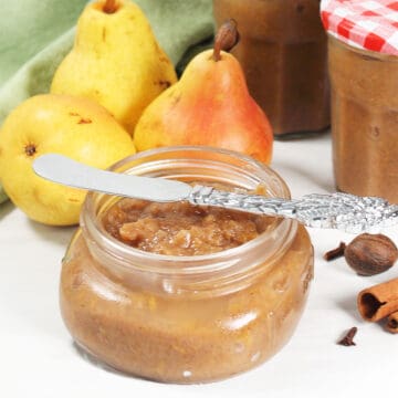 Finished pear butter in jars.