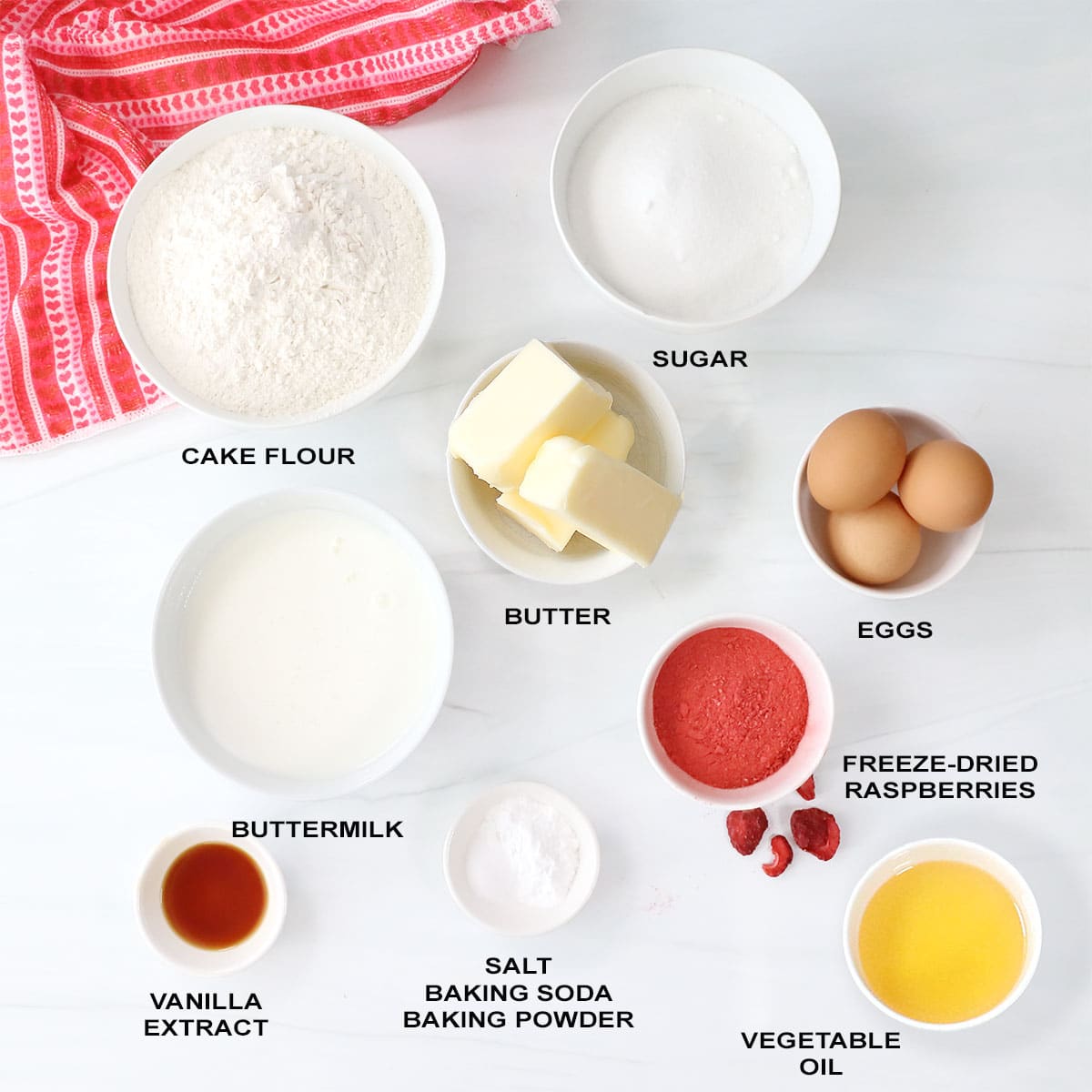 Pink Velvet Sheet Cake ingredients.