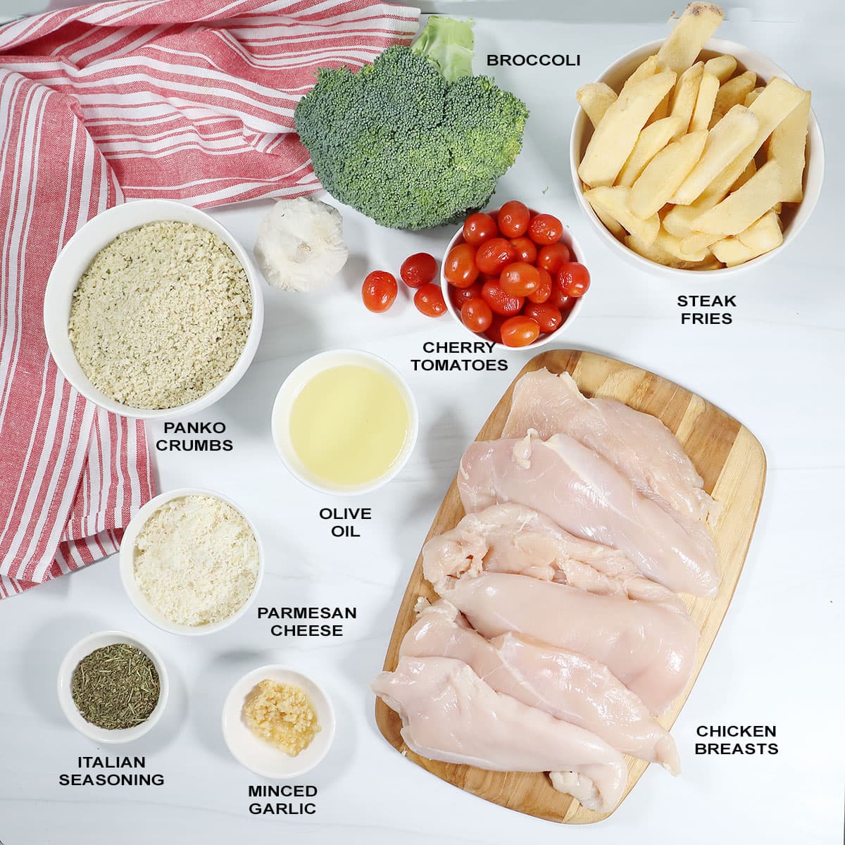 Sheet pan chicken and veggies ingredients.