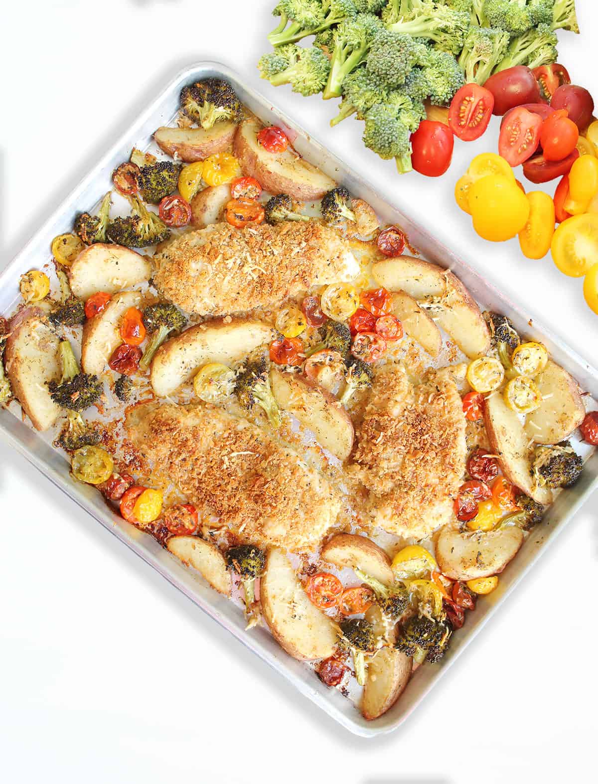 Roasted Sheet Pan Chicken and veggies on sheet pan.