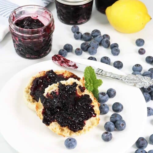 Homemade Blueberry Jam no pectin spread on muffin.