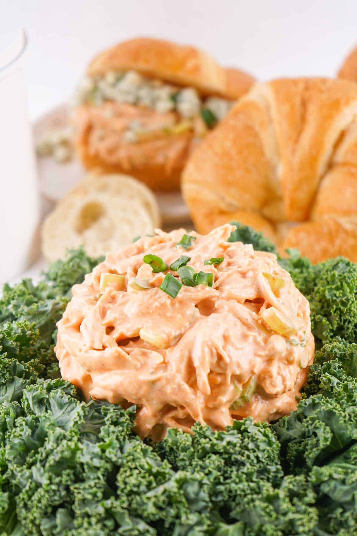 Serving of chicken buffalo salad on greens with croissant sandwich in back.